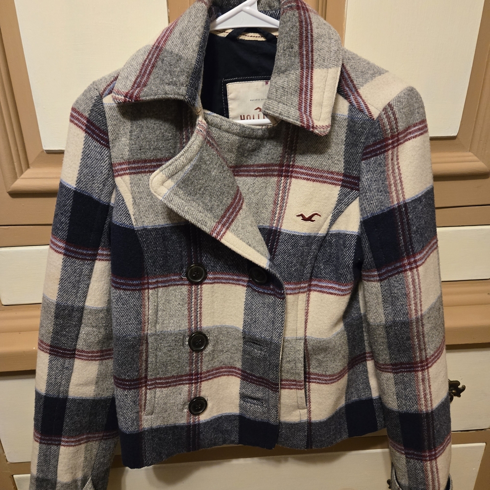 Hollister Plaid Wool-Blend Peacoat in Navy, Cream & Gray